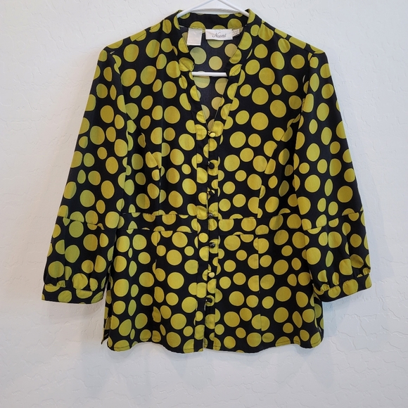 💕 Naomi Black & Mustard Polka Dots Button Front Blouse Top Women's Size Medium - Picture 11 of 11